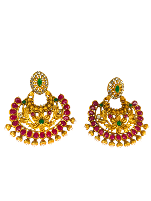 gold plated kundan chandbali earrings with emerald, ruby, pearl beads