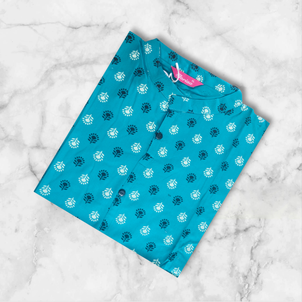 women's teal printed collar kurti with floral patterns