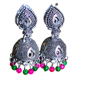 Oxidized Silver Jhumka Earrings with Green, Pink Beads
