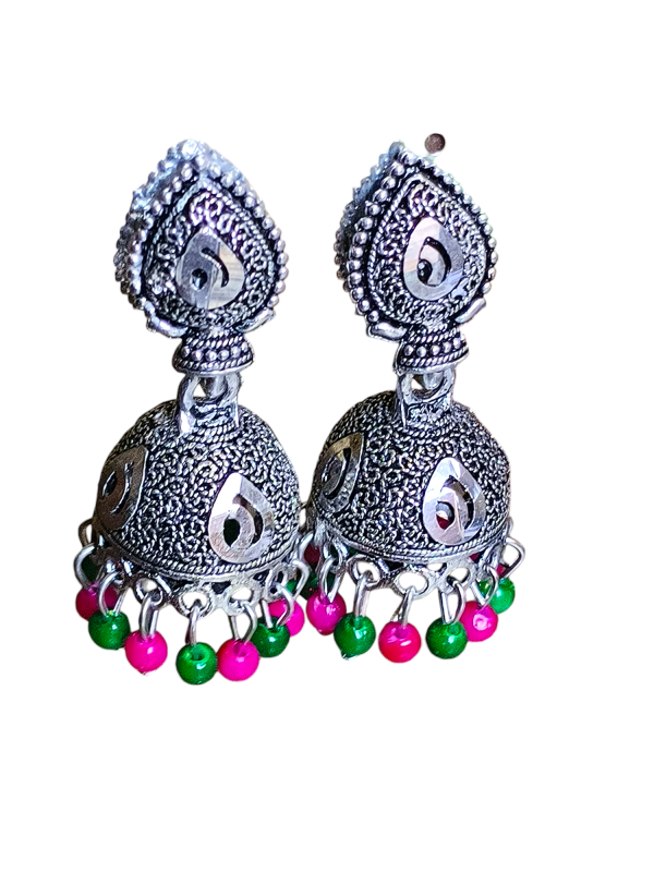 Oxidized Silver Jhumka Earrings with Green, Pink Beads